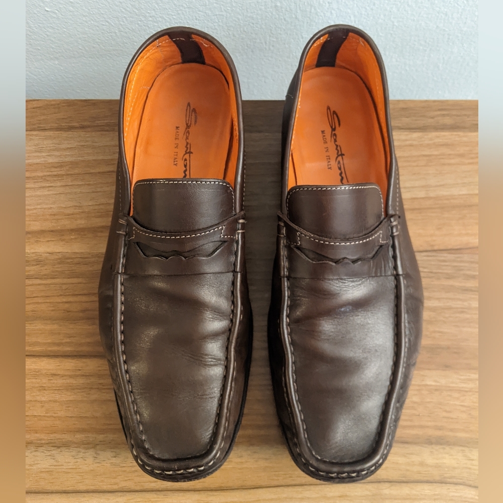 Santoni Mens Brown Leather Loafers Size 10